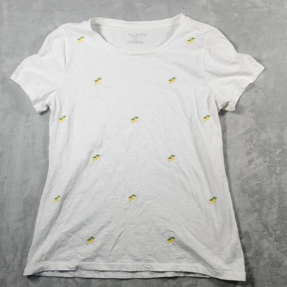 Talbots Petite Medium White T Shirt Embroidered‎ Lemons Design Cottage